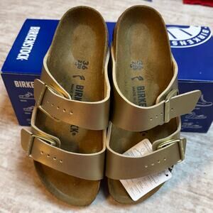 Birkenstock Arizona Metallic Gold Leather Sandals 36 Women’s 5 Mens 3 Narrow Fit